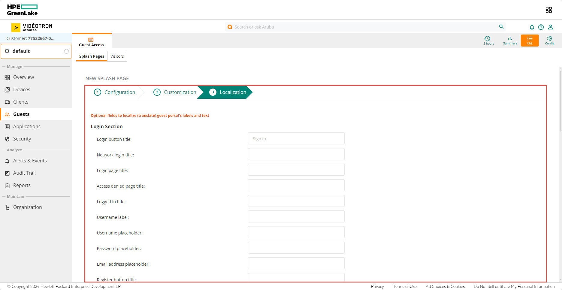Aruba HPE - default Guests Guest Access Splash Pages Localisation