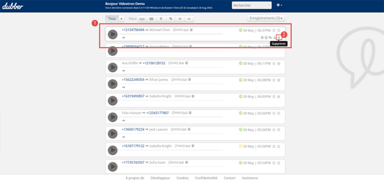 Dubber Supprimer Enregistrement