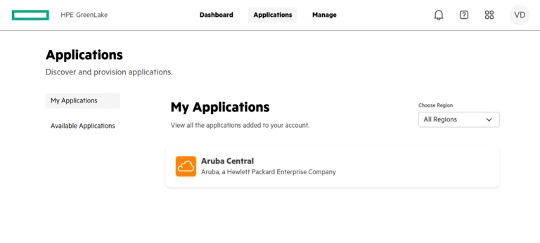 Hewlett Packlard - My Applications HPE GreenLake - Aruba Central