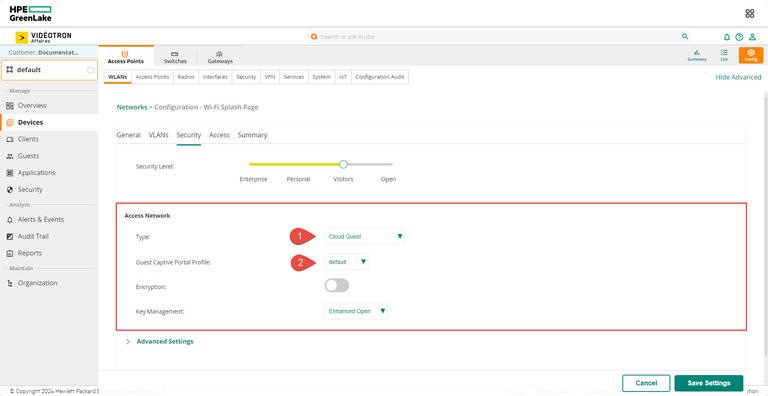 Aruba HPE - default Devices Access Points WLANs Security Cloud Guest default