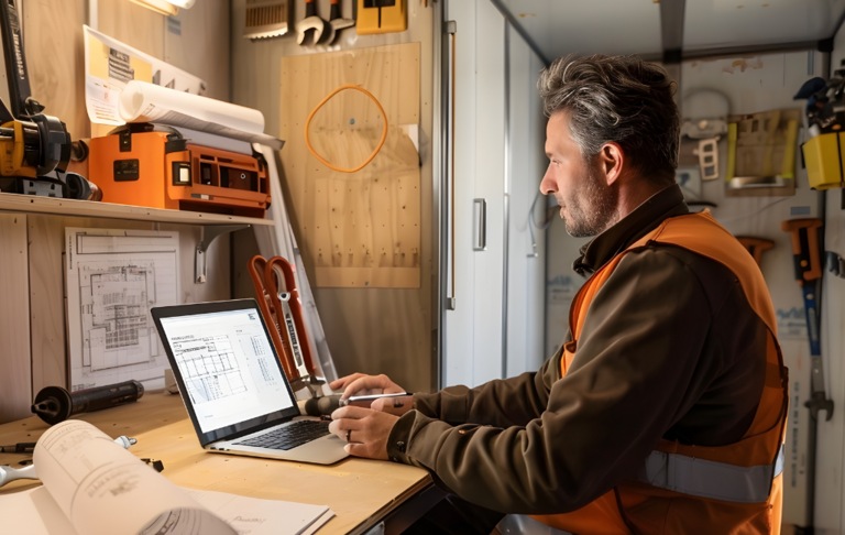 Homme Construction Ordinateur Roulotte de chantier