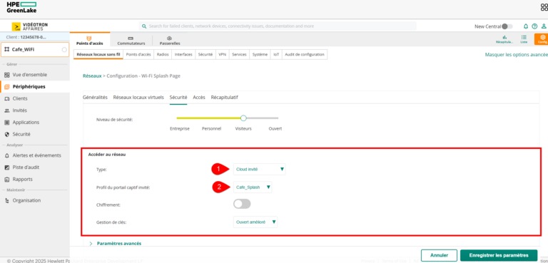 Aruba HPE - default Périphériques Points d'accès Réseaux locaux sans fil Sécurité Niveau de sécurité Visiteurs