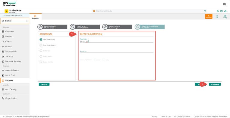 Aruba HPE - Reports - I want to schedule now - Report information