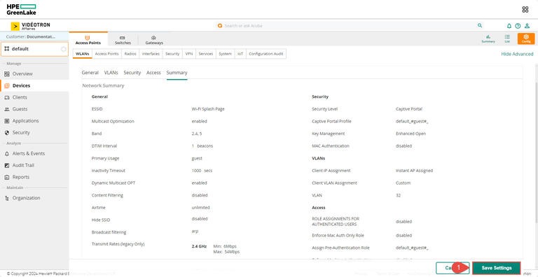 Aruba HPE - default Devices Access Points WLANs Summary