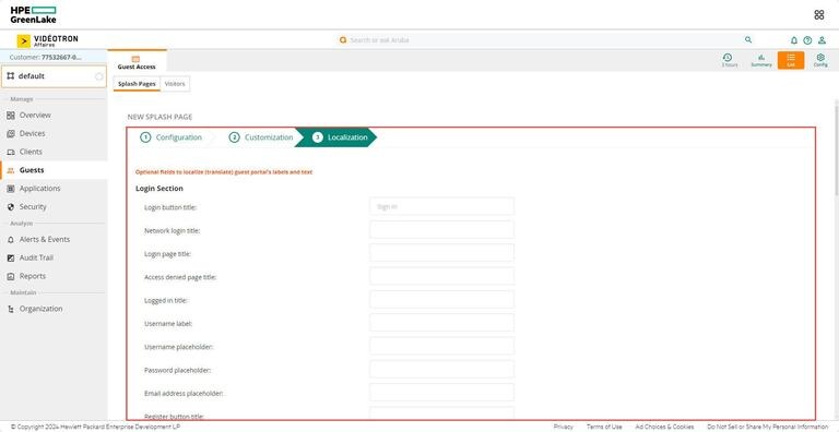 Aruba HPE - default Guests Guest Access Splash Pages Localisation