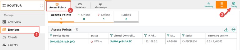 Aruba configuration Devices Access Points