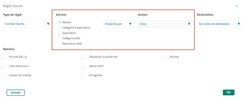 Aruba Contrôle d'accès Service Deny