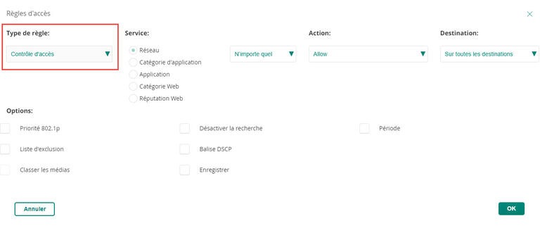 Aruba Type de règle Contrôle d'accès