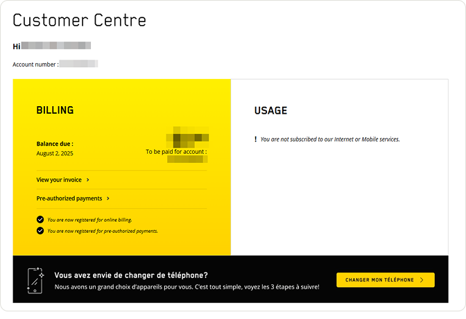 Page d’accueil de l’Espace client