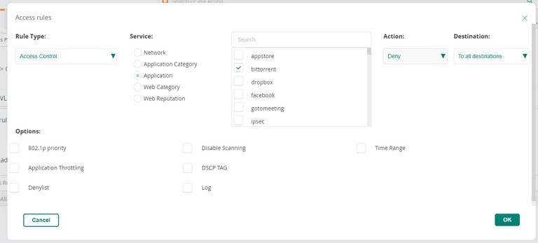 Aruba Contrôle d'accès Service Bittorrent
