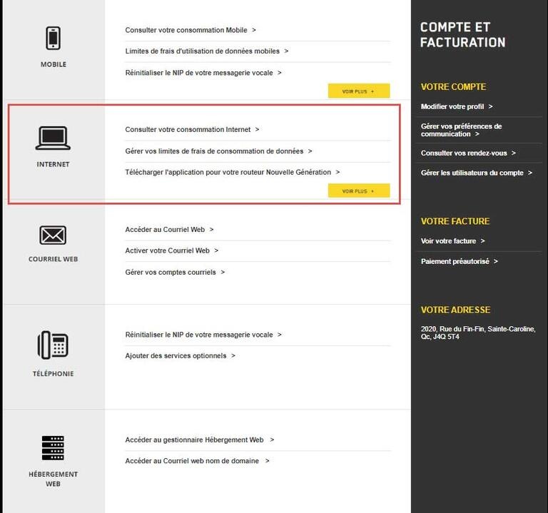 Internet console Compte et facturation